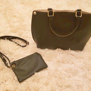 Tote with removable cross body strap and matching coin/make-up pouch.